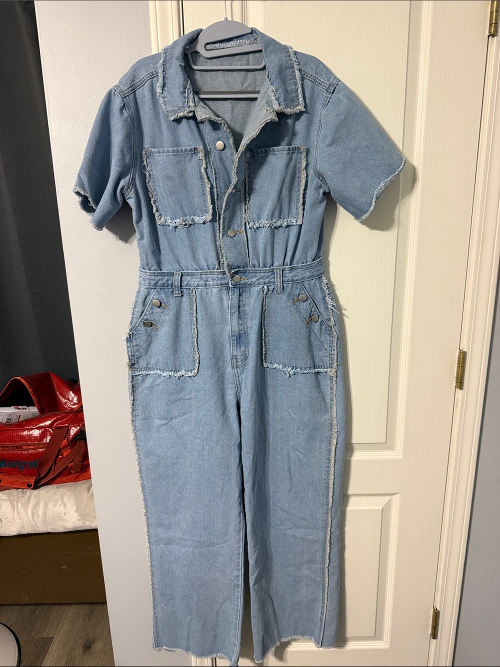 SHEIN Light Blue Frayed-Trim Denim Jumpsuit